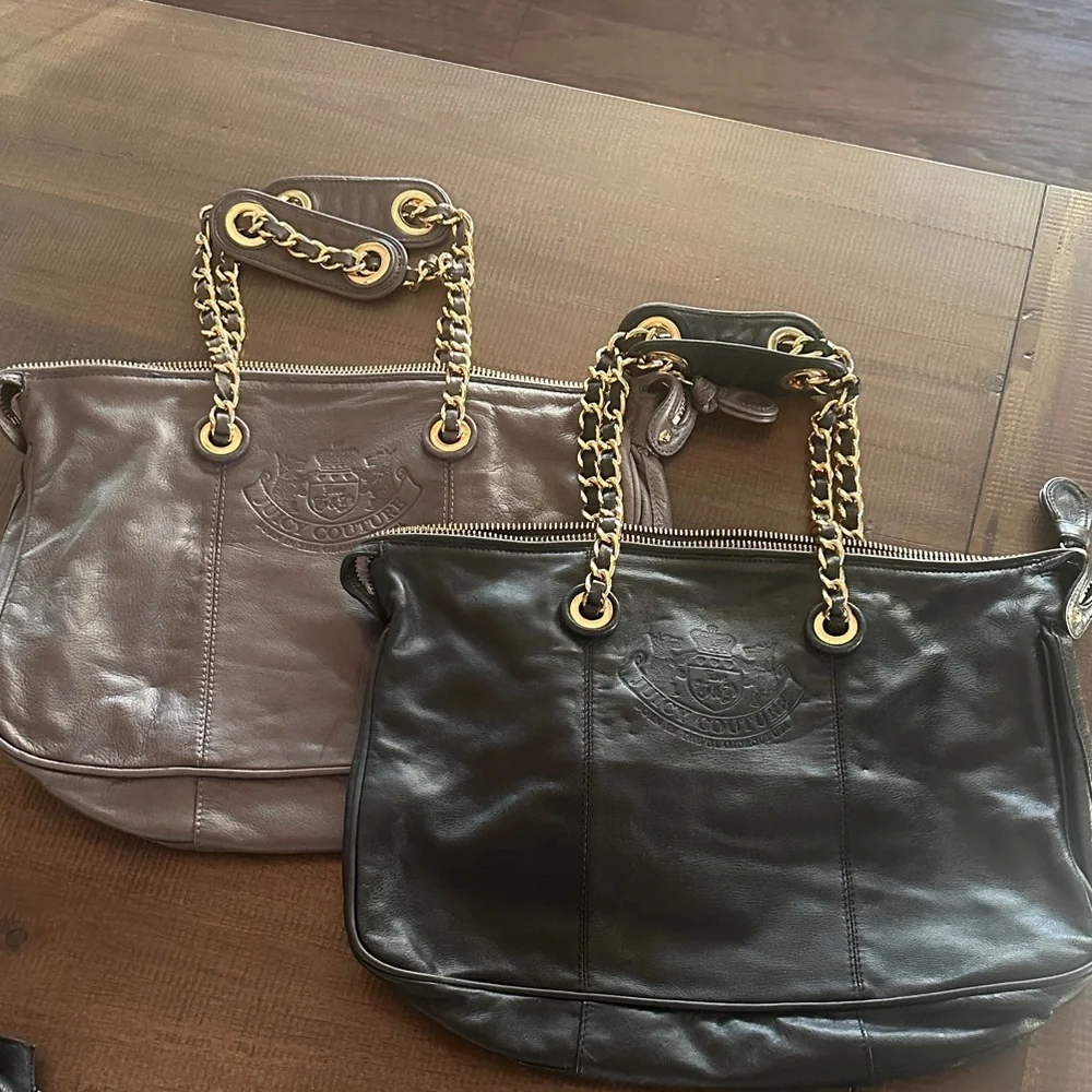 Juicy Couture Black & Grey Leather Tote Bag / Purse with Gold Chain Hardware - Picture 7 of 7